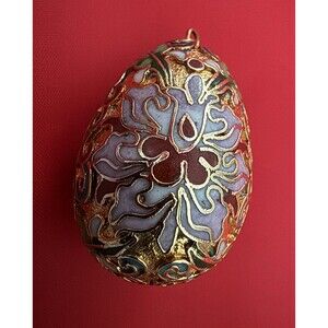 Vintage Cloisonné Egg Pendant Red Multicolored Blue Gold Tone